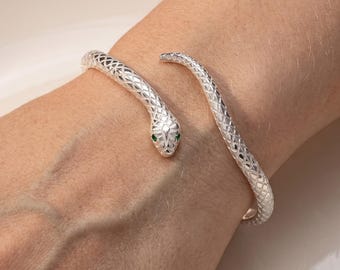 Snake Bracelet - Silver Cuff Bangle, Adjustable Punk Jewelry Gift for Her