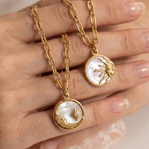 Collar con colgante de sol y luna - Charm de concha blanca, joyería de acero inoxidable, fiesta