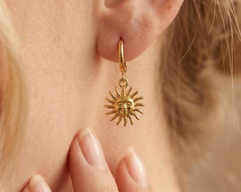 Sun Charm Earrings - Gold Plated Stainless Steel Dangle Earrings for Women