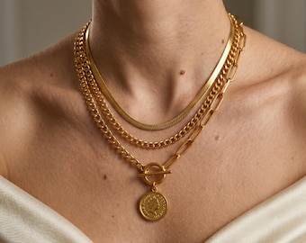 Collar delicado con cierre de palanca y moneda – Joyería de cadena de eslabones tipo curb de acero inoxidable