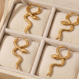 May include: Gold-colored snake-shaped hoop earrings displayed in a jewelry box. The earrings have a detailed snake design, with the snake's head and body forming the hoop. The jewelry box has a neutral-colored interior.