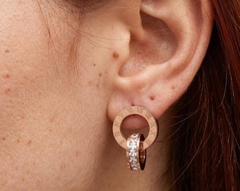 Roman Numeral Earrings - Gold Stainless Steel Zirconia, Statement Jewelry for Her