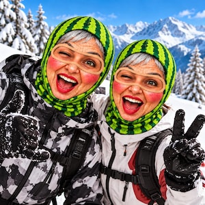 May include: Two individuals wearing green and black watermelon-patterned balaclavas with integrated tan-colored goggle frames. They are dressed in winter sports jackets and black gloves, with one person making a shaka sign and the other a peace sign.