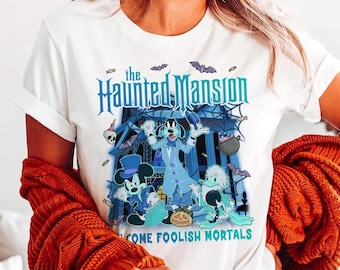 Mickey and Friends Cosplay Disney Haunted Mansion Shirt, Welcome Foolish Mortals Disney Halloween Shirt, Tightrope Girl Hitchhiking Ghosts