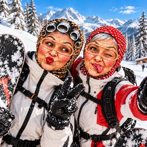 May include: Two individuals in white ski jackets and black gloves, one wearing a leopard print hood with hair rollers and the other a red polka dot hood, both wearing ski goggles and making playful facial expressions in a snowy mountain setting.