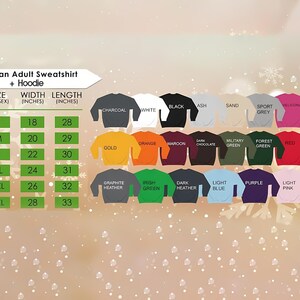 Op de afbeelding: Afbeelding van een Gildan sweatshirt en hoodie voor volwassenen. De maattabel is in inches. Kleuren zijn onder andere charcoal, wit, zwart, as, zand, sportgrijs en heliconia. De afmetingen zijn in centimeters.