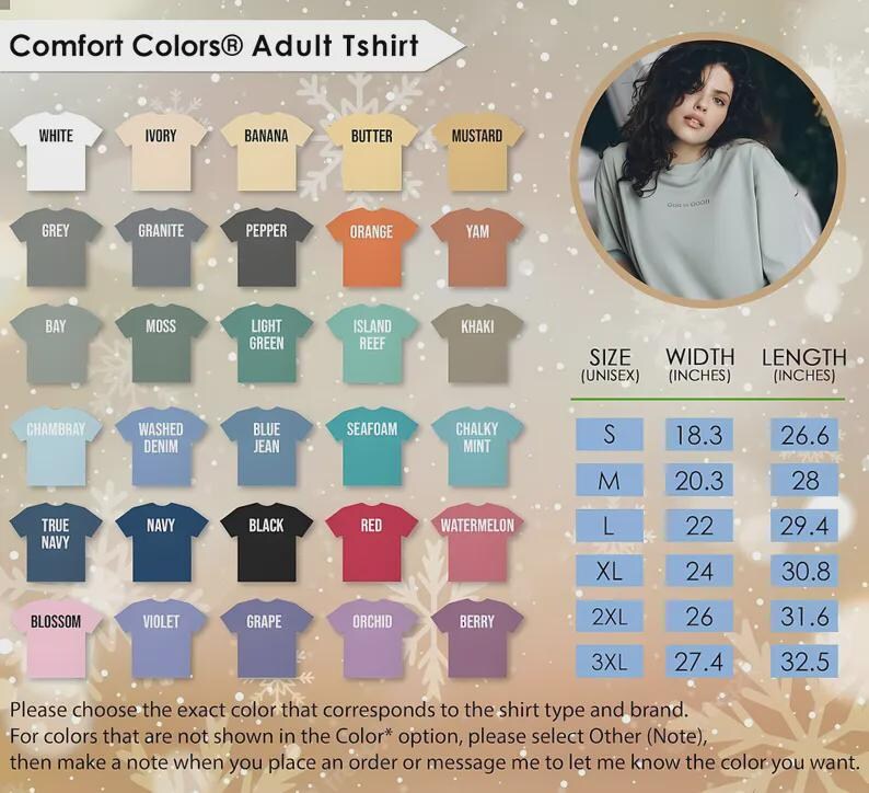Op de afbeelding: Een Comfort Colors Adult Tshirt kleurenkaart met dertig kleuropties, waaronder wit, ivoor, banaan, boter, mosterd, grijs, graniet, peper, oranje, yam, baai, mos, lichtgroen, eilandrif, kaki, chambray, gewassen denim, blue jean, zeeschuim, krijtmunt, marineblauw, zwart, rood, watermeloen, bloesem, violet, druif, orchidee en bes, inclusief een maattabel met breedte- en lengtematen in inches.