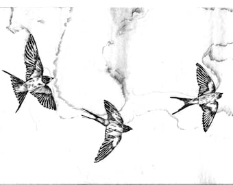 Golondrinas volando. Estampado suminagashi y grabado en huecograbado hechos a mano.