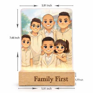 May include: A rectangular family portrait lamp, 5.91 inches wide and 7.48 inches tall, with a wooden base. The image features a cartoon illustration of a family. The base is engraved with the words "Family First". The lamp is 1.77 inches tall.