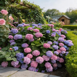 May include: A vibrant garden scene featuring a large hydrangea bush with clusters of pink and purple flowers. Lush green foliage surrounds the blooms, with a wooden arbor and other flowers in the background. The scene is bathed in natural light.