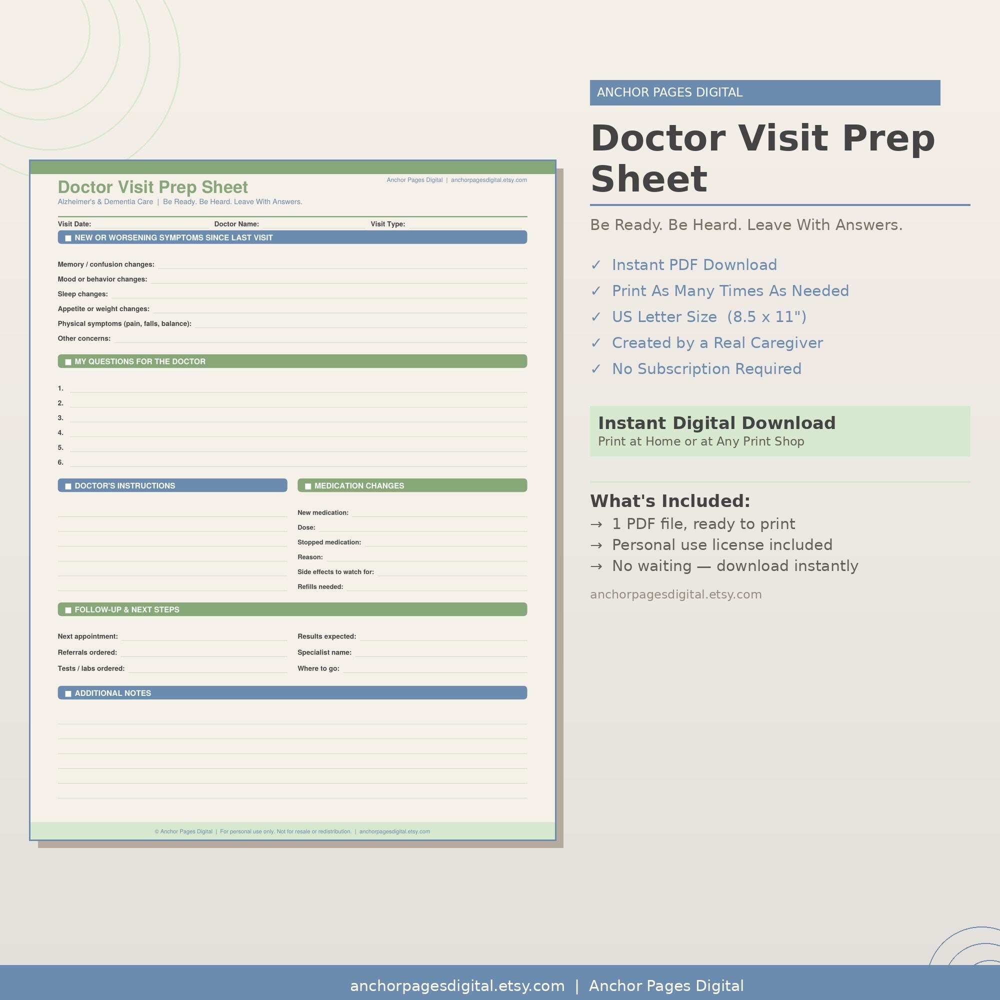 Doctor Visit Prep Sheet | Alzheimer's Dementia Care | Appointment ...