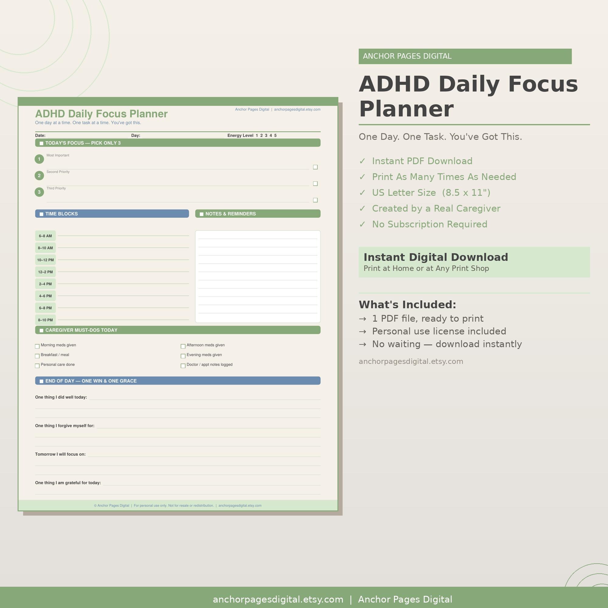 ADHD Brain Dump Printable | Daily Focus Planner | Caregiver ADHD ...