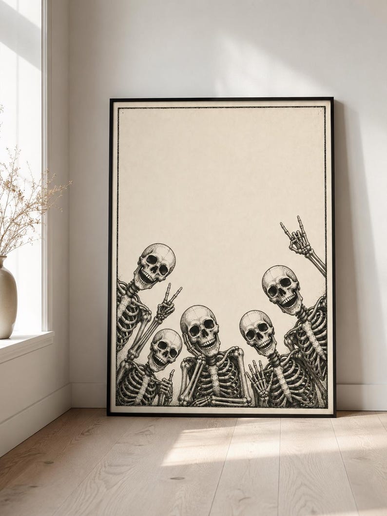 May include: A rectangular wall art print in a black frame featuring a black and white illustration of four skeletons posing together. The skeletons are arranged in a group, with one making a peace sign and another making a rock and roll hand gesture.