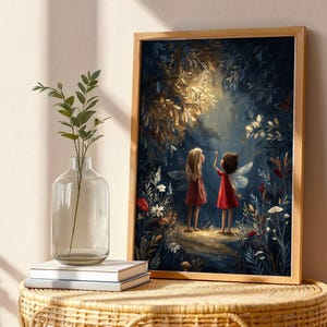 May include: A framed print depicting two fairies in red dresses with butterfly wings in a moonlit forest. The artwork has a whimsical, fantasy theme with a wooden frame. The scene is filled with flowers and foliage.