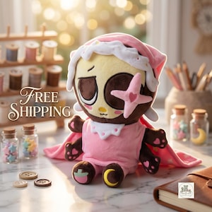 Dandy's World Astro Plush Toy - Sleepy Toon Roblox Plushie, Cute Pink Nightcap Star Eyepatch Stuffed Animal, Gift for Gamers image 4