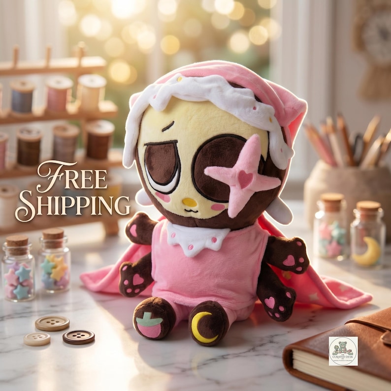Dandy's World Astro Plush Toy - Sleepy Toon Roblox Plushie, Cute Pink Nightcap Star Eyepatch Stuffed Animal, Gift for Gamers image 4