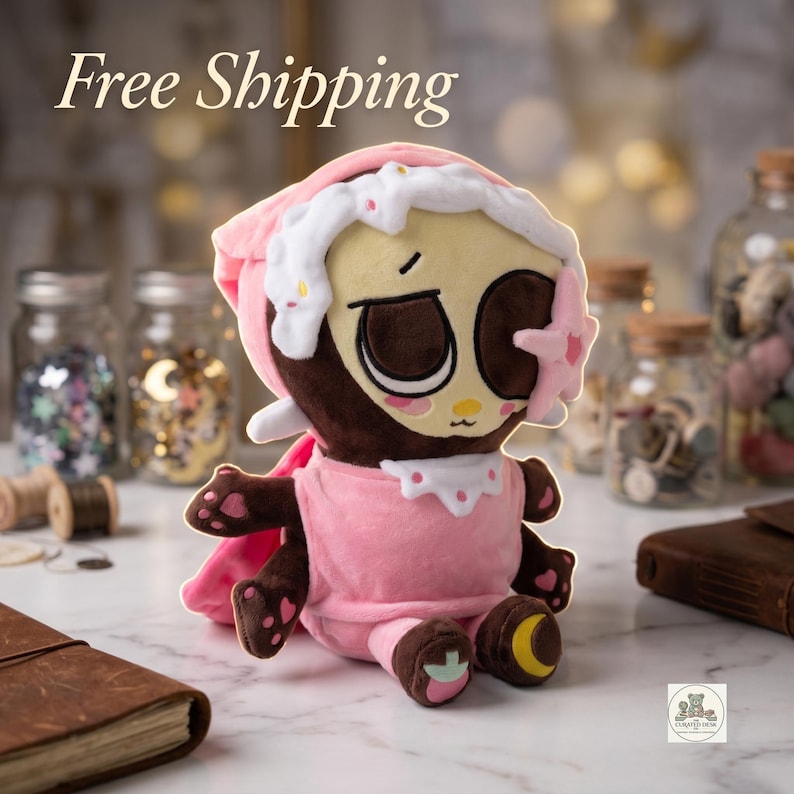 Dandy's World Astro Plush Toy - Sleepy Toon Roblox Plushie, Cute Pink Nightcap Star Eyepatch Stuffed Animal, Gift for Gamers image 2