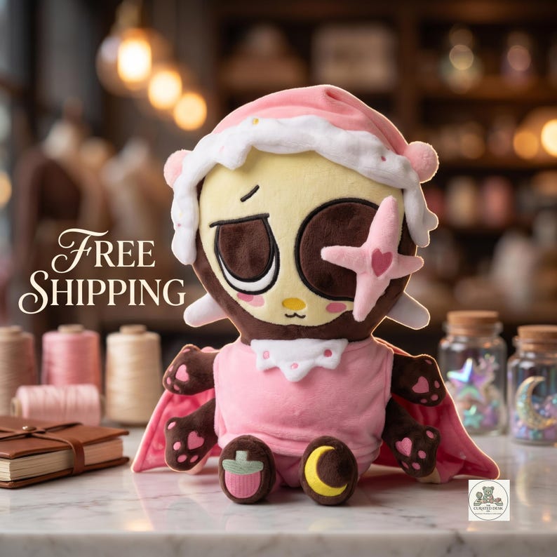 Dandy's World Astro Plush Toy - Sleepy Toon Roblox Plushie, Cute Pink Nightcap Star Eyepatch Stuffed Animal, Gift for Gamers image 1