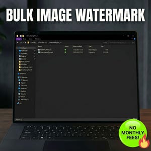 May include: A laptop displaying a file directory with the text "BULK IMAGE WATERMARK" at the top. The screen shows files and folders. A green circle with the text "NO MONTHLY FEES!" is in the bottom right corner.