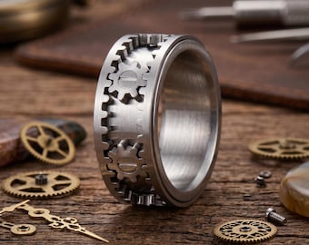 Roestvrijstalen roterende tandwielring | Ring voor heren | Industriële spinner-fidgetband | Cadeau autoliefhebber | Mechanische geïnspireerde sieraden