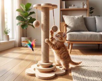 Cat tree wood handmade cat scratching pole cat activity tower sisal rope scratcher interactive cat toy stand