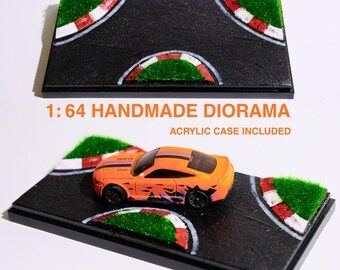 1:64 Scale Handmade Diorama with Case - Race Track Display for Hot Wheels, Mini GT, Tomica, Matchbox - Cinematic Backdrop