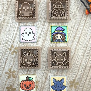 Halloween Postage Stamp Clay Cutters, 4 Kawaii Polymer Clay Cutters, Ghost Witch Pumpkin Bat