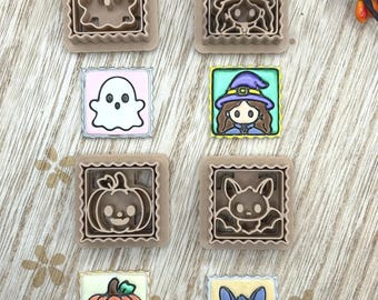 Halloween Postage Stamp Clay Cutters, 4 Kawaii Polymer Clay Cutters, Ghost Witch Pumpkin Bat