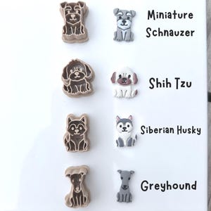 Four labeled dog breed polymer clay cutters and matching clay cutouts showing Miniature Schnauzer, Shih Tzu, Siberian Husky, and Greyhound designs.