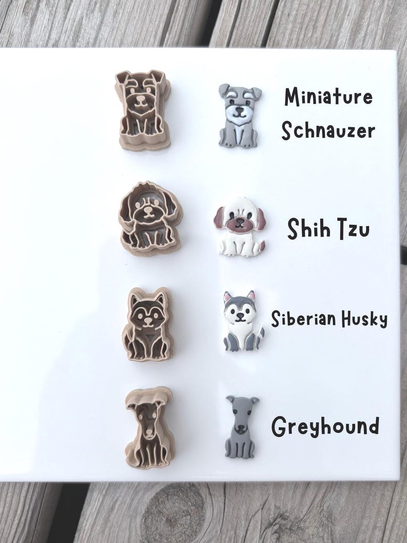 Four labeled dog breed polymer clay cutters and matching clay cutouts showing Miniature Schnauzer, Shih Tzu, Siberian Husky, and Greyhound designs.