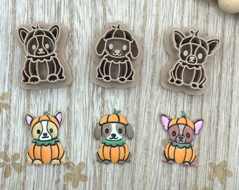 Pumpkin Dog Clay Cutters, 3 Polymer Clay Cutters, Halloween Puppy Earring Cutter, Fall Pets