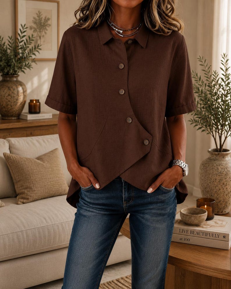 May include: A dark brown short-sleeved shirt with a collar and an asymmetrical button-down front closure. The shirt features a layered hemline and is paired with blue denim jeans. The fabric has a visible texture, and the buttons are round.
