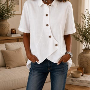 May include: A white short-sleeved button-down shirt featuring a unique asymmetrical front placket with brown buttons. The shirt has a classic collar, cuffed sleeves, and a hemline that angles downward, paired with dark blue denim jeans.
