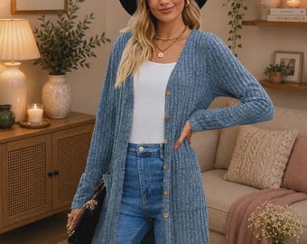 Women’s Knit Cardigan | Long Open Front Sweater | Ribbed Button Cardigan | Cozy Fall Layering Top