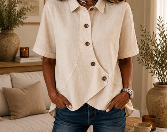 Women's Cotton Linen Blouse, Casual Button Shirt, Loose Fit Summer Top, Short Sleeve Tunic