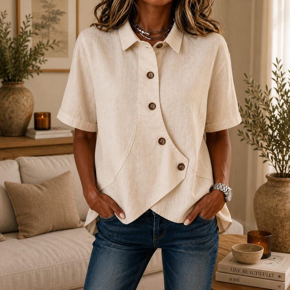 Women's Cotton Linen Blouse, Casual Button Shirt, Loose Fit Summer Top, Short Sleeve Tunic