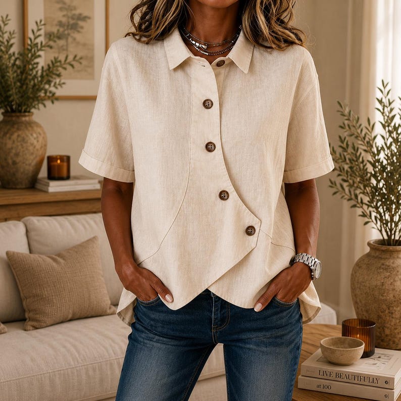 May include: A beige short-sleeved shirt with a pointed collar and an asymmetrical front button closure featuring dark brown buttons. The shirt has a textured fabric finish, a relaxed fit, and a hemline that angles downward toward the right side.