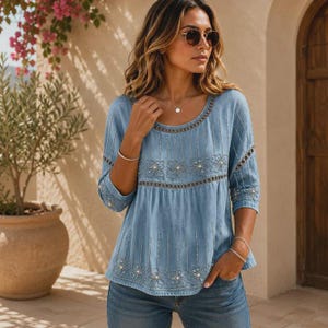 Boho Floral Print Blouse | Cotton Linen Women's Tunic Shirt | Plus size Summer Top