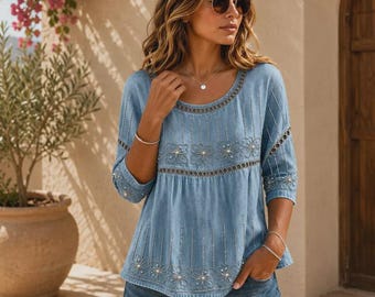 Boho-Bluse mit Blumenmuster | Tunika-Hemd aus Baumwoll-Leinen-Mischgewebe für Damen | Sommer-Top in großen Größen