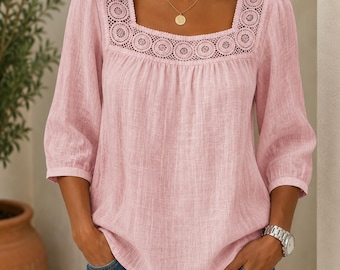 Women's Lace Blouse, Square Neck Top, Casual Long Sleeve Shirt, Boho Loose Fit Tunic