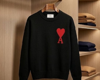 Ami Paris Heart Logo Sweater Crew Neck Knit Pullover Luxury Sweatshirt, Casual Winter Jumper
