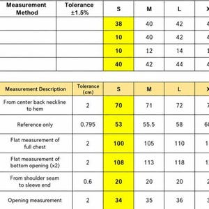 May include: A size chart table with two sections. The top section lists country-specific sizing for US, EU, UK, and France across sizes S to 3XL. The bottom section details measurements in cm for back length, shoulder, chest, hem, sleeve, and cuff.