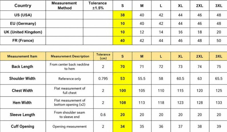 May include: A size chart table with two sections. The top section lists country-specific sizing for US, EU, UK, and France across sizes S to 3XL. The bottom section details measurements in cm for back length, shoulder, chest, hem, sleeve, and cuff.