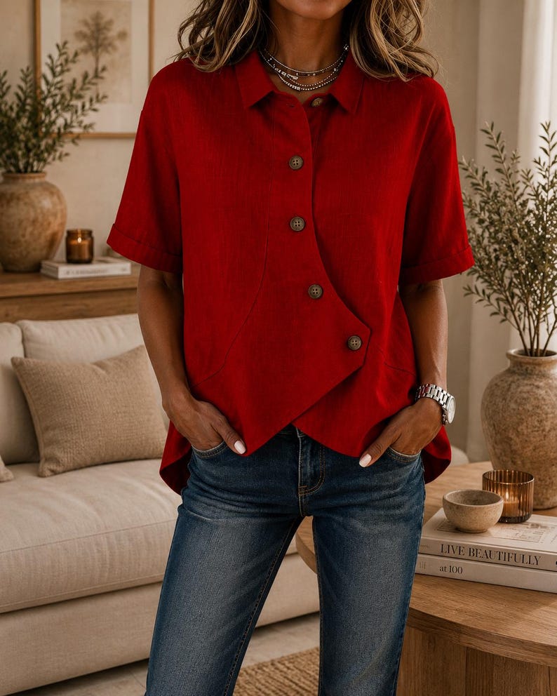 May include: A short-sleeved red button-down shirt featuring a unique asymmetrical front hemline and a classic collar. The shirt is crafted with a textured fabric and includes four visible buttons running down the front, paired with dark blue denim jeans.