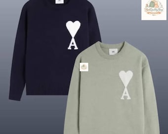 AMI Paris Heart Letter Sweater | Unisex Knit Pullover | Cozy Winter Crewneck | Casual Streetwear Top