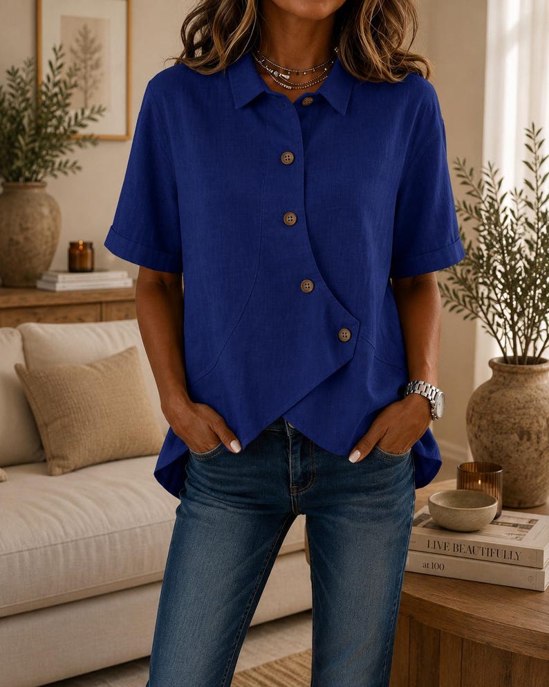 May include: A royal blue short-sleeved button-down shirt with a unique asymmetrical front hemline and a classic collar. The shirt features a row of brown buttons that run diagonally across the front, paired with dark blue denim jeans.