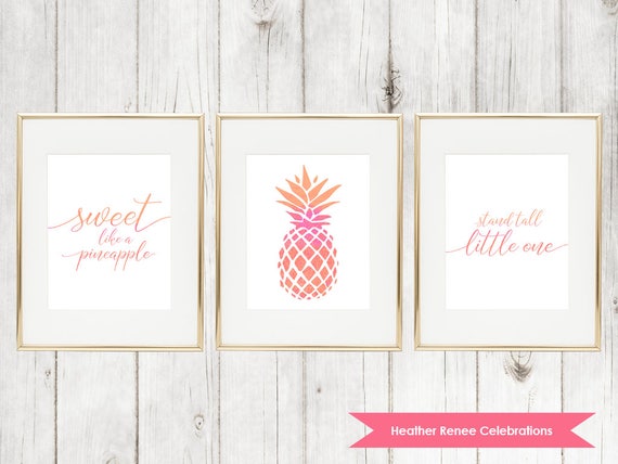 Pineapple Nursery Wall Art Set | Pink and Orange Pineapple Themed Home Decor Print | Nursery Instant Download Il_570xn