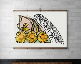 Floral Motif Tapestry Wall Hanging | Wood Hanging Frame | Canvas Print | Walnut or White Oak with Brass Hardware | Alphonse Maria Mucha