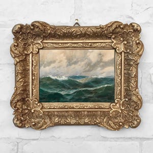 Moody Vintage Seascape Miniature Antique Oil Painting Print in Plaster Relief Frame - No. 108