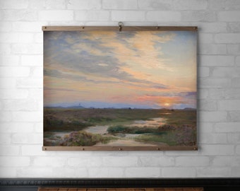 Evening Sunset Landscape Tapestry | Wall Hanging | Wood Hanging Frame | Framed Canvas Print | Walnut or White Oak | Brass Hardware